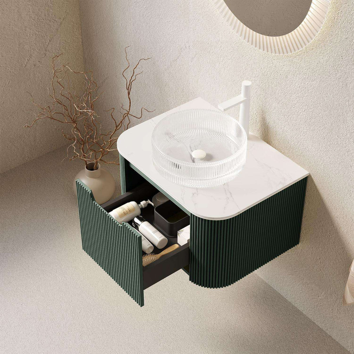24" Green Wood Floating Bathroom Vanity With White Sink - HomeRoots - Flyclothing LLC