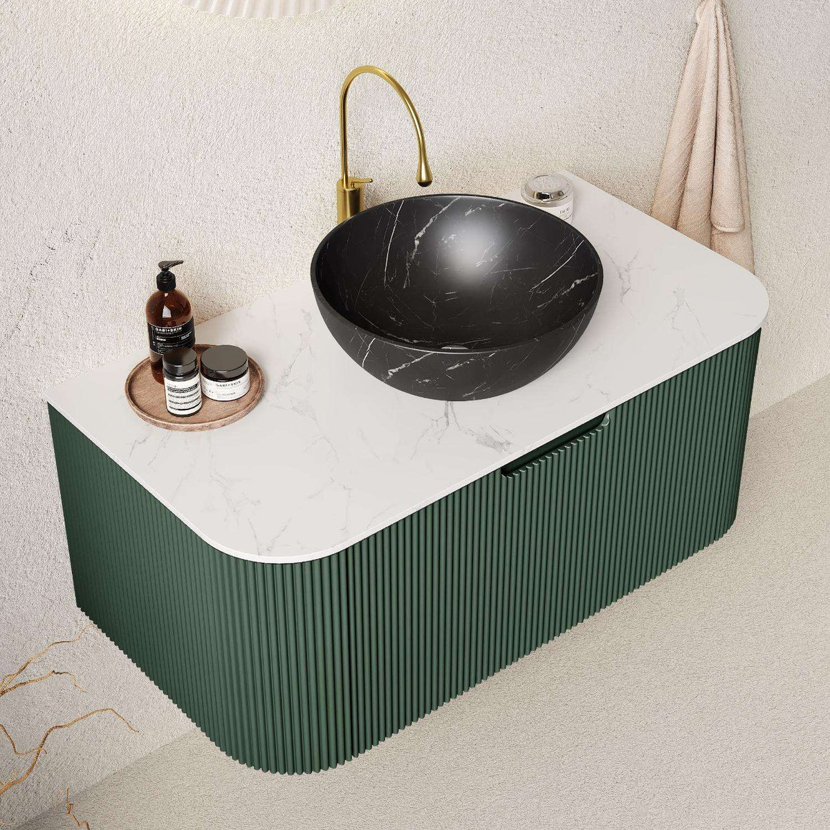 36" Green Wood Floating Bathroom Vanity With Black Sink - HomeRoots - Flyclothing LLC