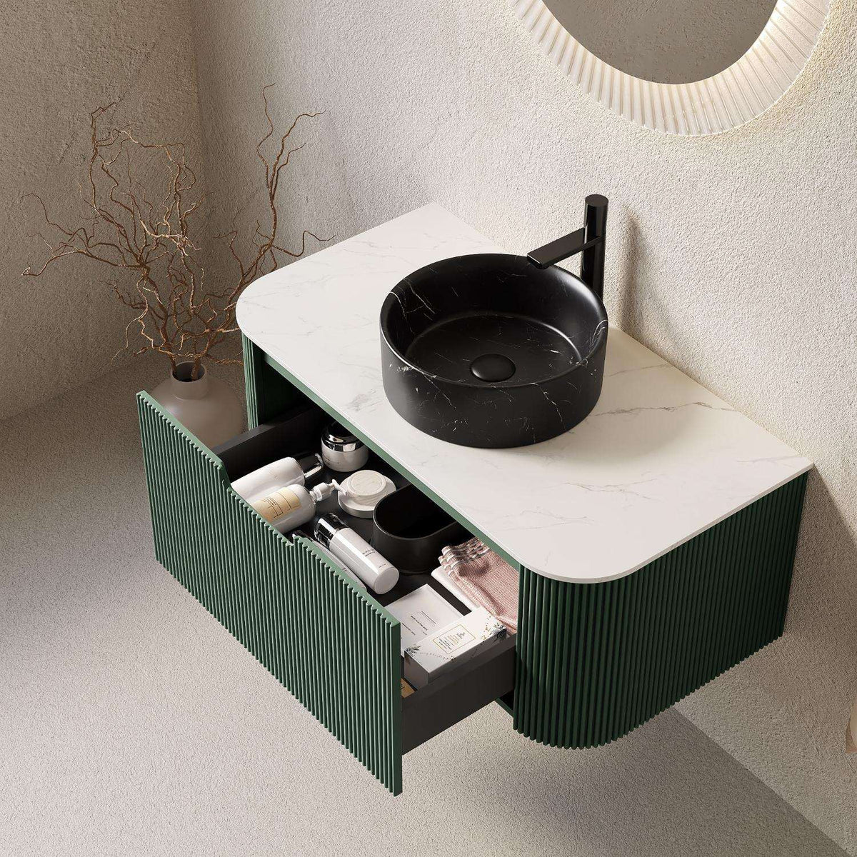 36" Green Wood Floating Bathroom Vanity With Black Sink - HomeRoots - Flyclothing LLC