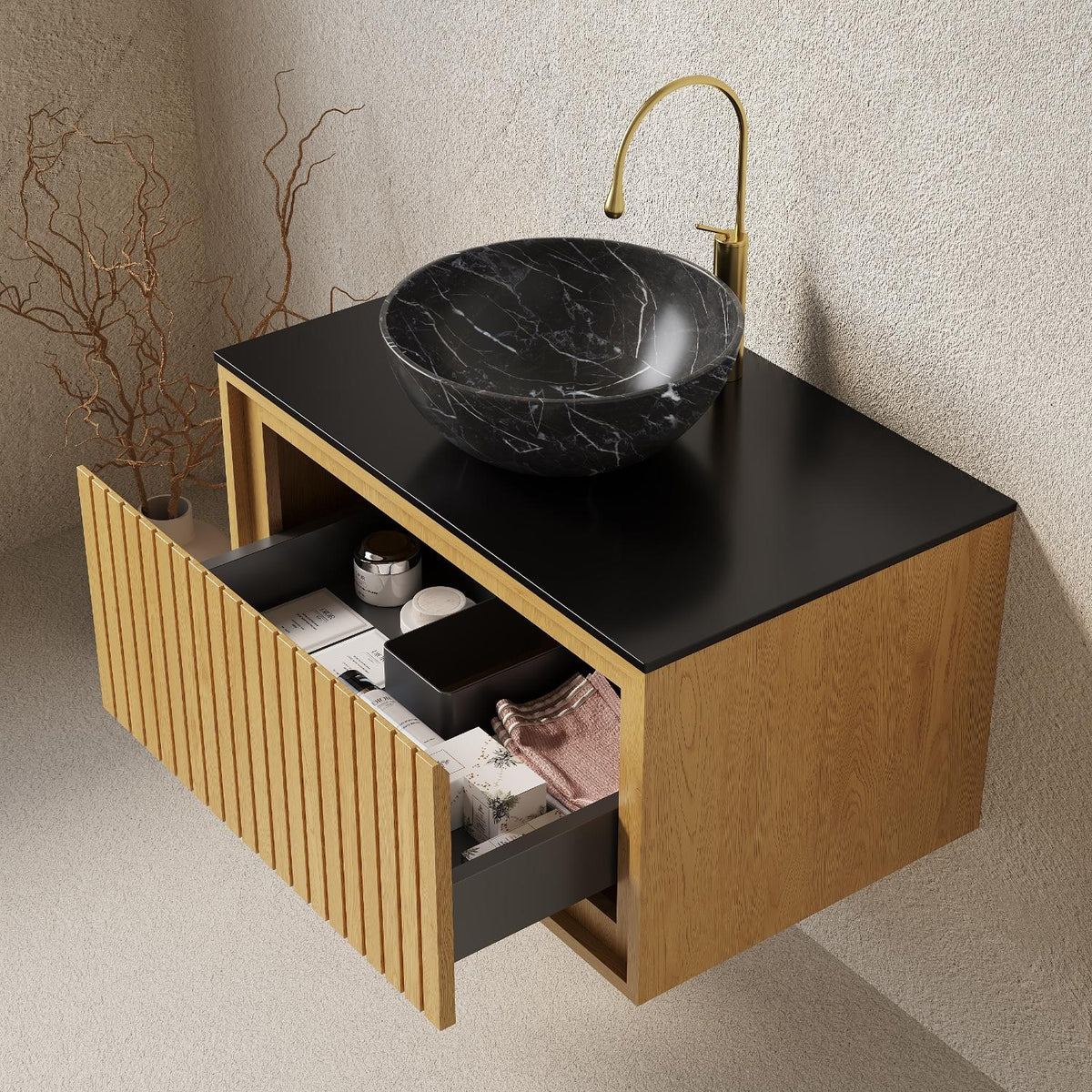 30" Brown Wood Floating Bathroom Vanity With Black Sink