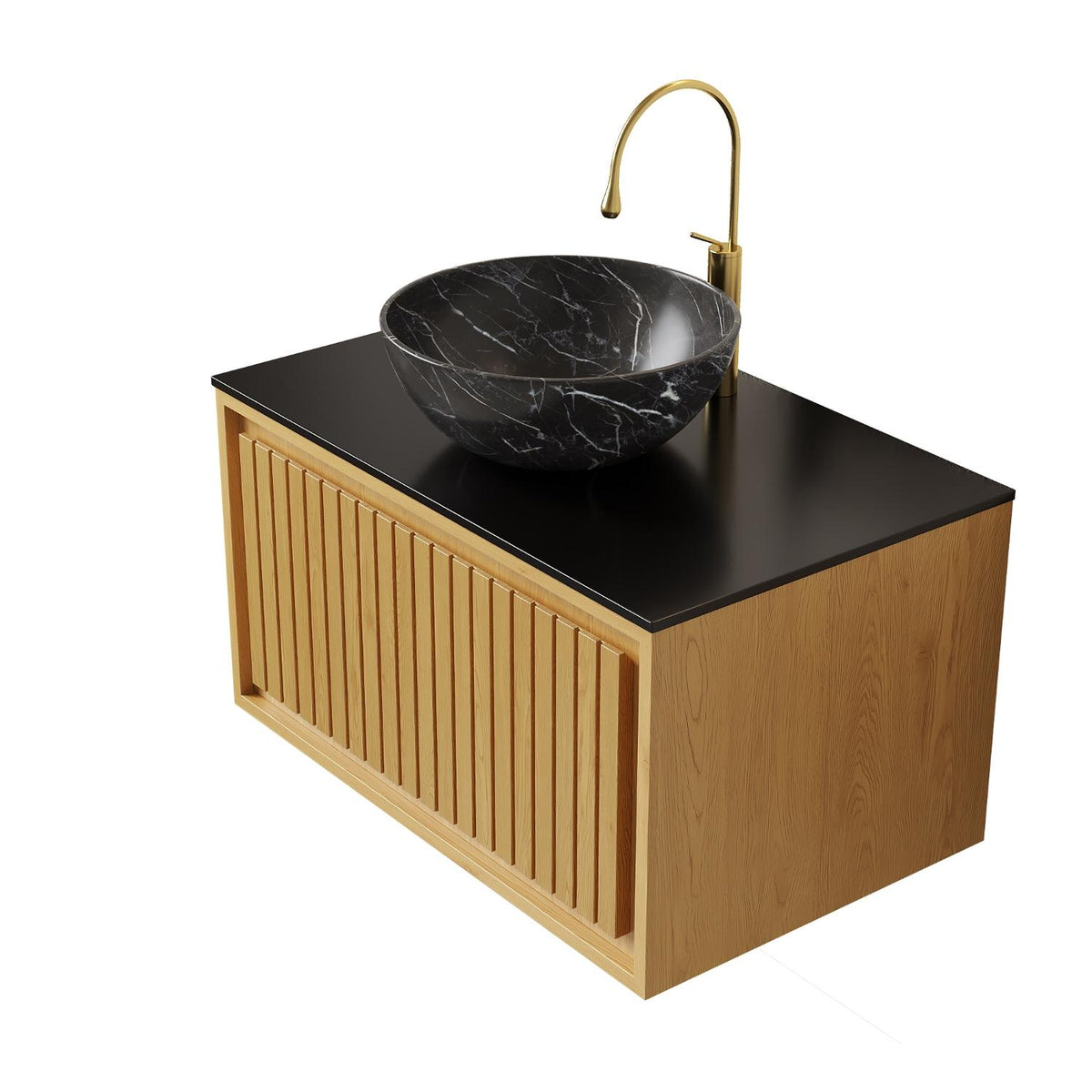 30" Brown Wood Floating Bathroom Vanity With Black Sink