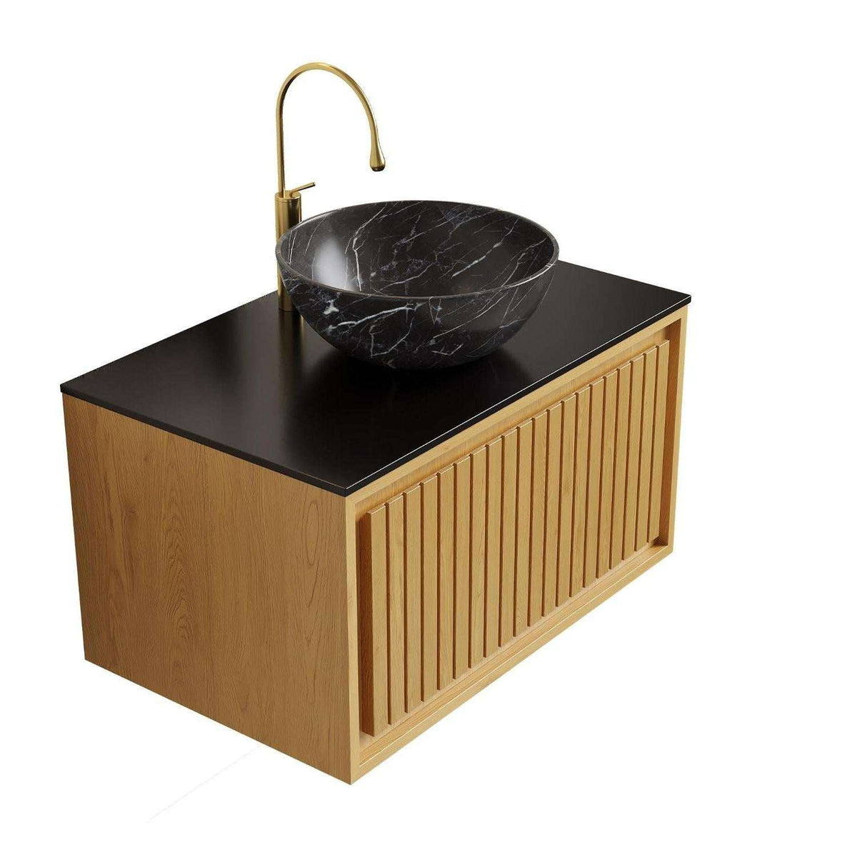 30" Brown Wood Floating Bathroom Vanity With Black Sink - HomeRoots - Flyclothing LLC