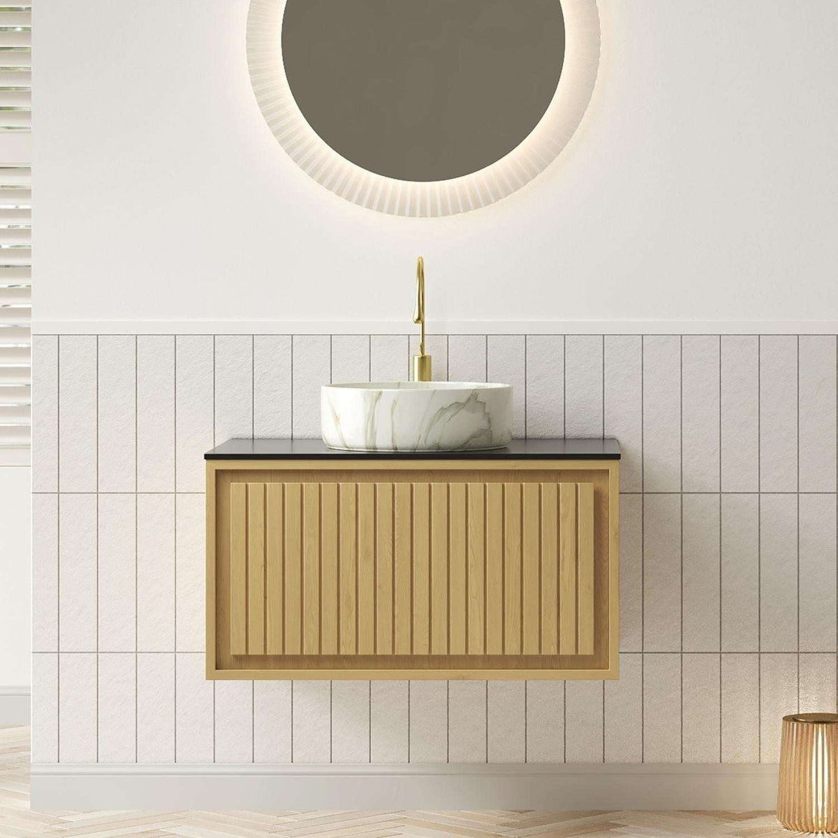 30" Brown Wood Floating Bathroom Vanity With White Sink - HomeRoots - Flyclothing LLC