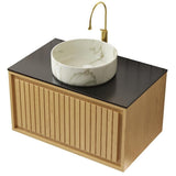 30" Brown Wood Floating Bathroom Vanity With White Sink