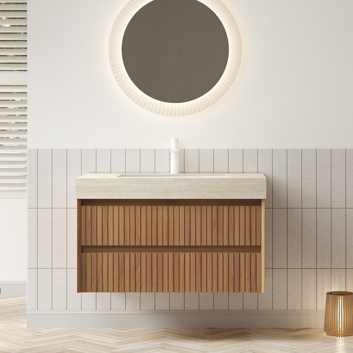 36" Brown Wood Floating Bathroom Vanity With White Sink And Two Drawers