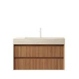 36" Brown Wood Floating Bathroom Vanity With White Sink And Two Drawers