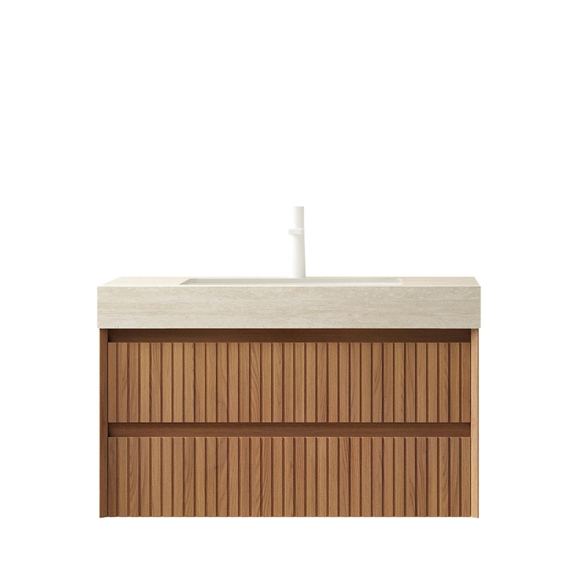 36" Brown Wood Floating Bathroom Vanity With White Sink And Two Drawers