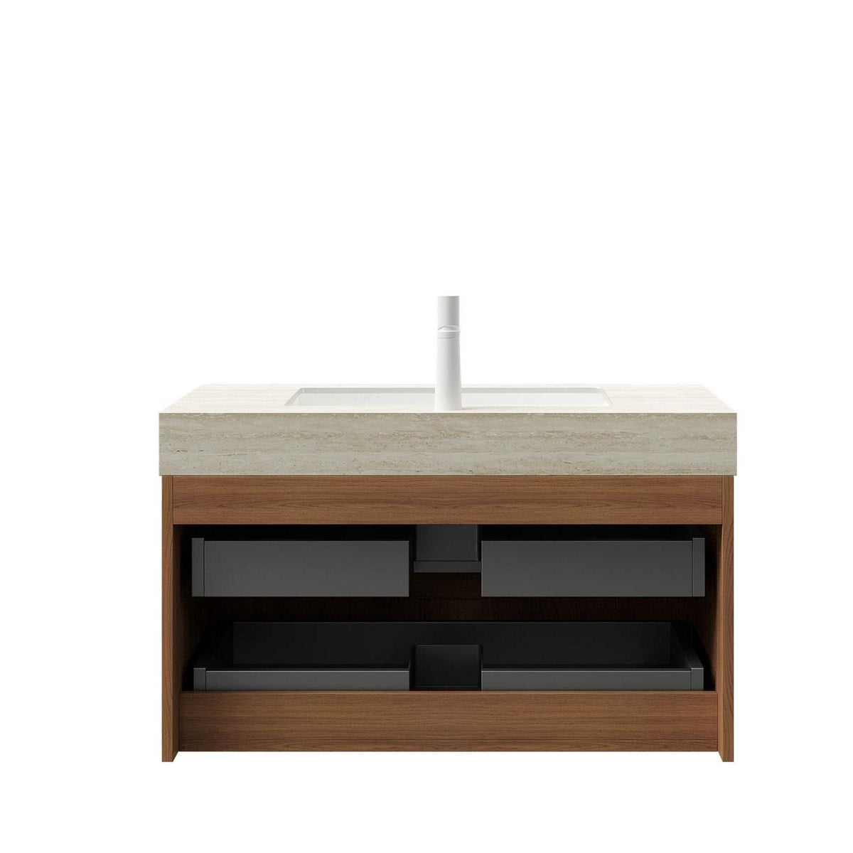 36" Brown Wood Floating Bathroom Vanity With White Sink And Two Drawers