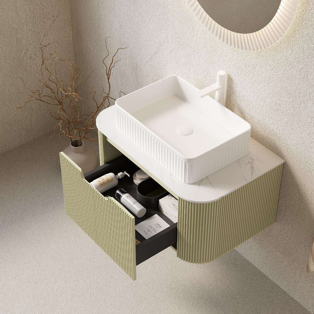 30" Green Wood Floating Bathroom Vanity With White Sink - HomeRoots - Flyclothing LLC