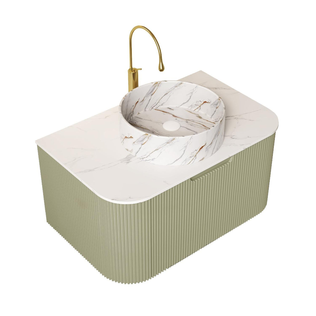 30" Green Wood Floating Bathroom Vanity With White Sink