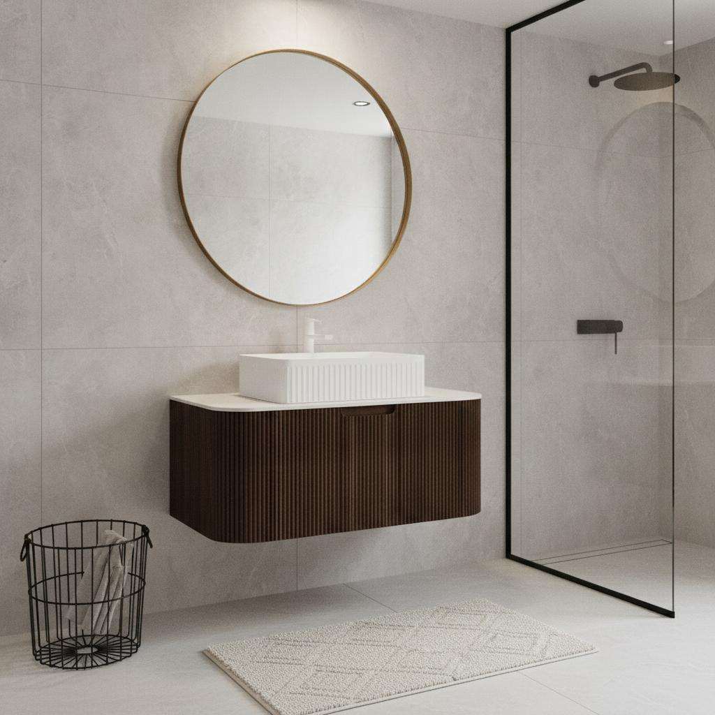 36" Brown Wood Floating Bathroom Vanity With White Sink - HomeRoots - Flyclothing LLC