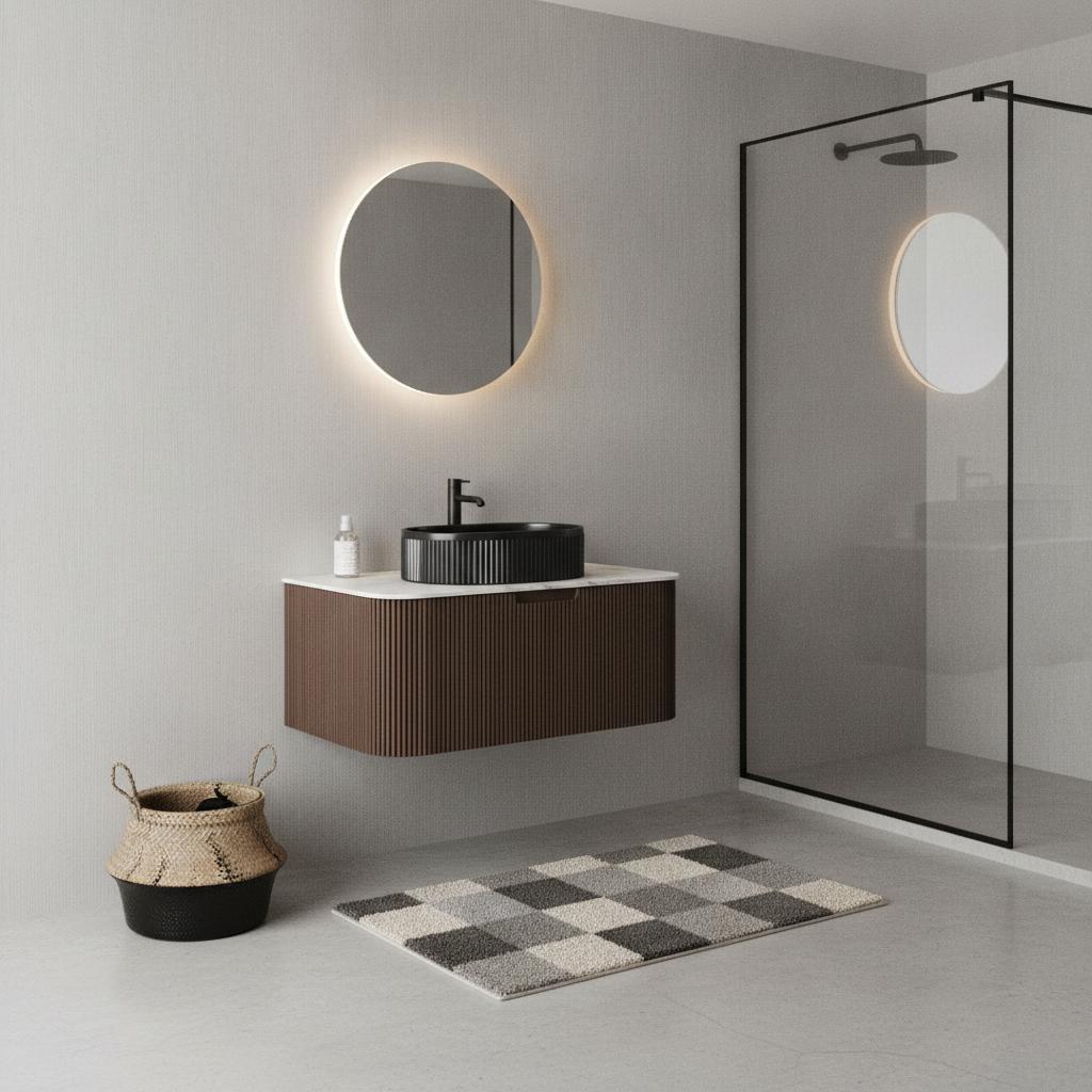 36" Brown Wood Floating Bathroom Vanity With Black Sink