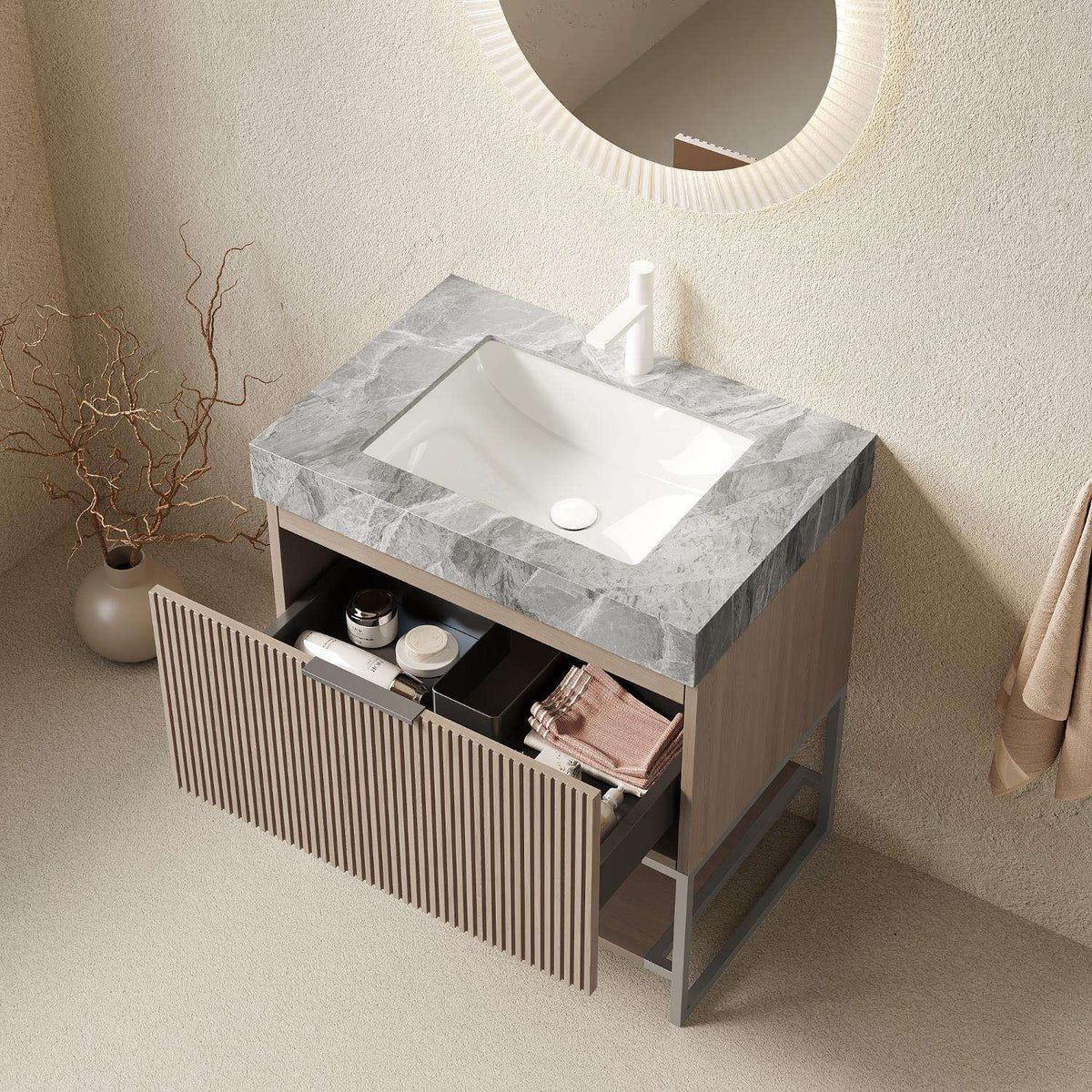 30" Brown Wood Freestanding Bathroom Vanity With White Sink - HomeRoots - Flyclothing LLC