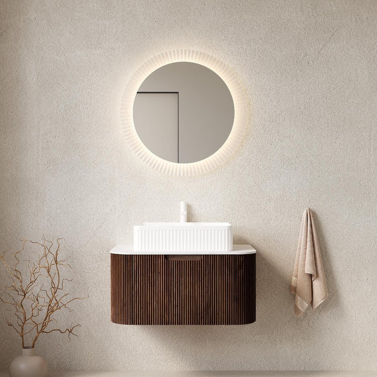 30" Brown Wood Floating Bathroom Vanity With White Sink