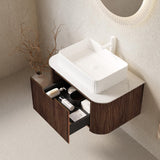 30" Brown Wood Floating Bathroom Vanity With White Sink