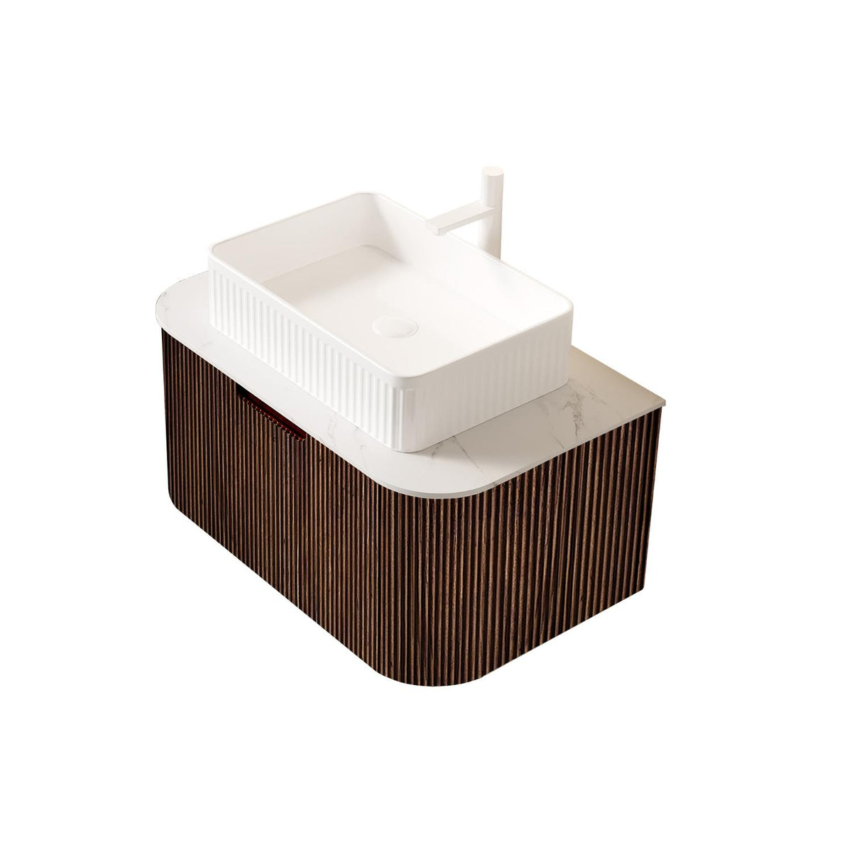 30" Brown Wood Floating Bathroom Vanity With White Sink