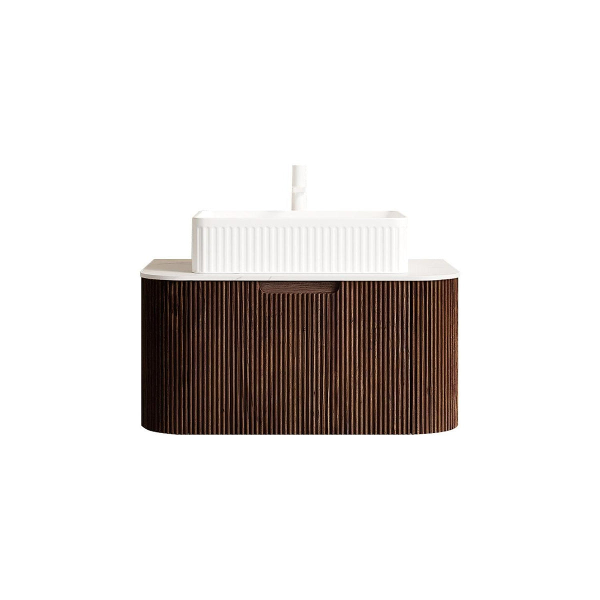 30" Brown Wood Floating Bathroom Vanity With White Sink