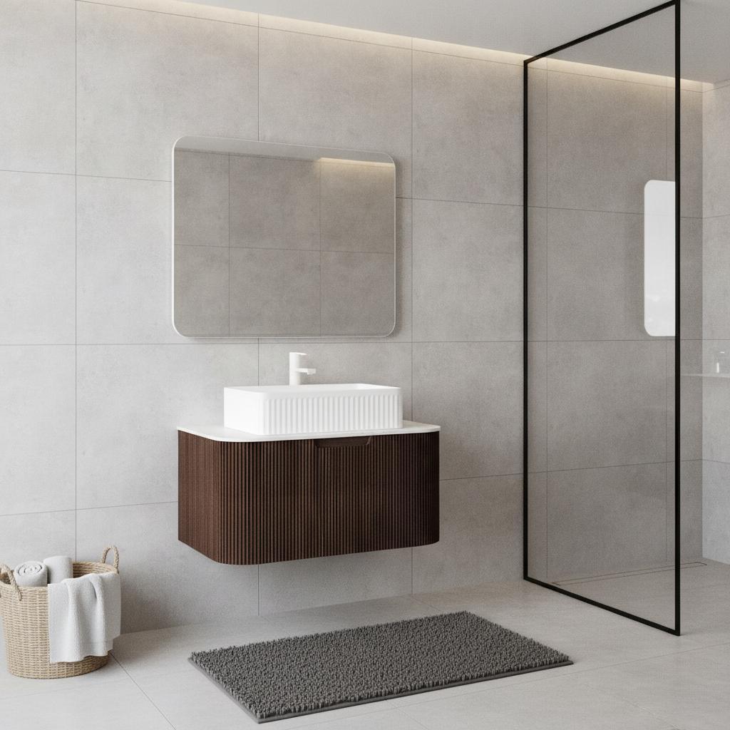 30" Brown Wood Floating Bathroom Vanity With White Sink