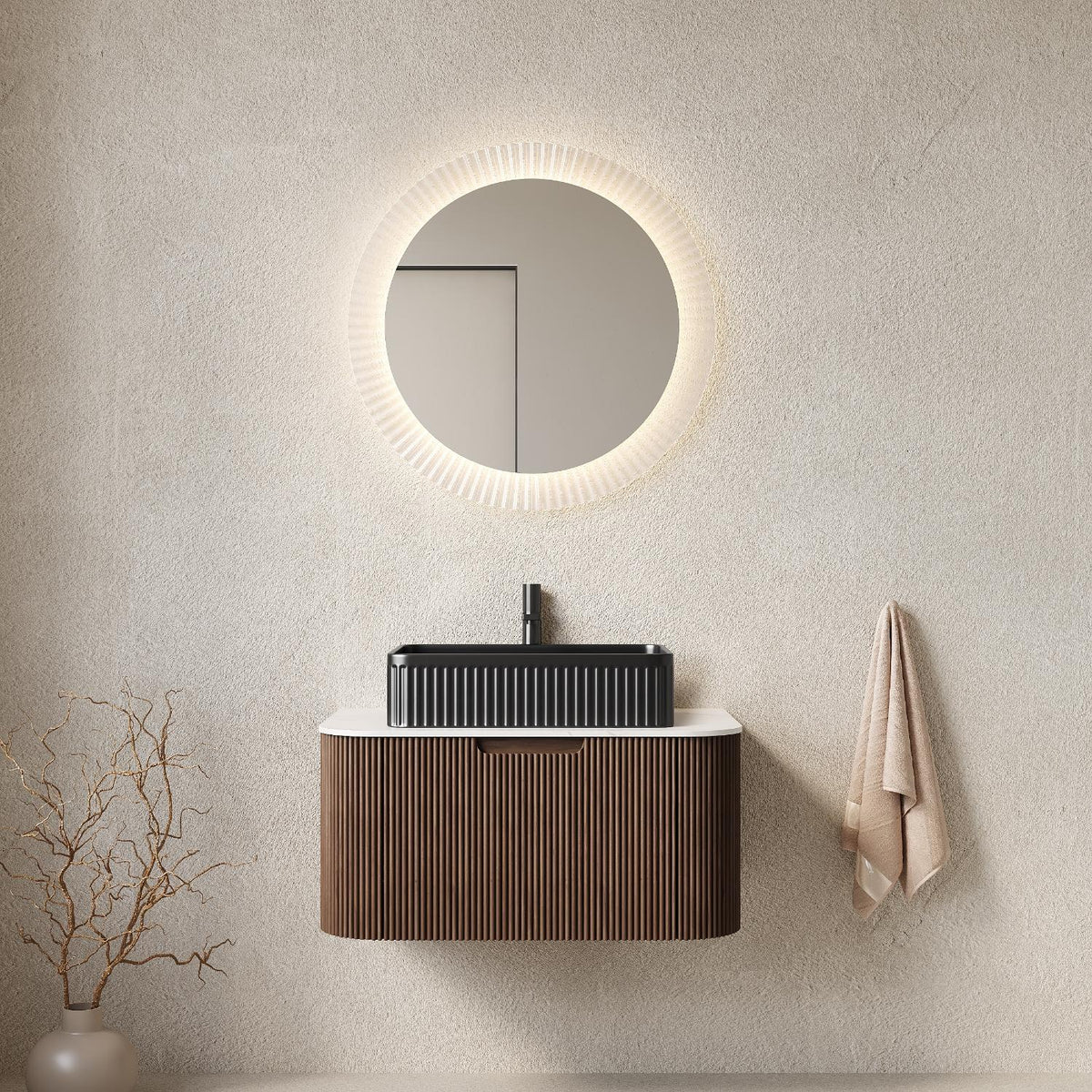 30" Brown Wood Floating Bathroom Vanity With Black Sink