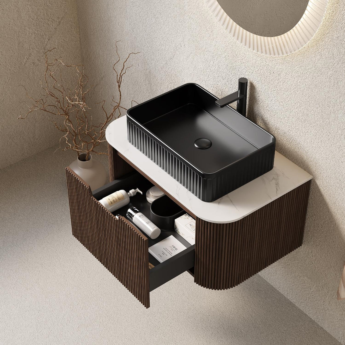 30" Brown Wood Floating Bathroom Vanity With Black Sink