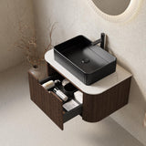30" Brown Wood Floating Bathroom Vanity With Black Sink