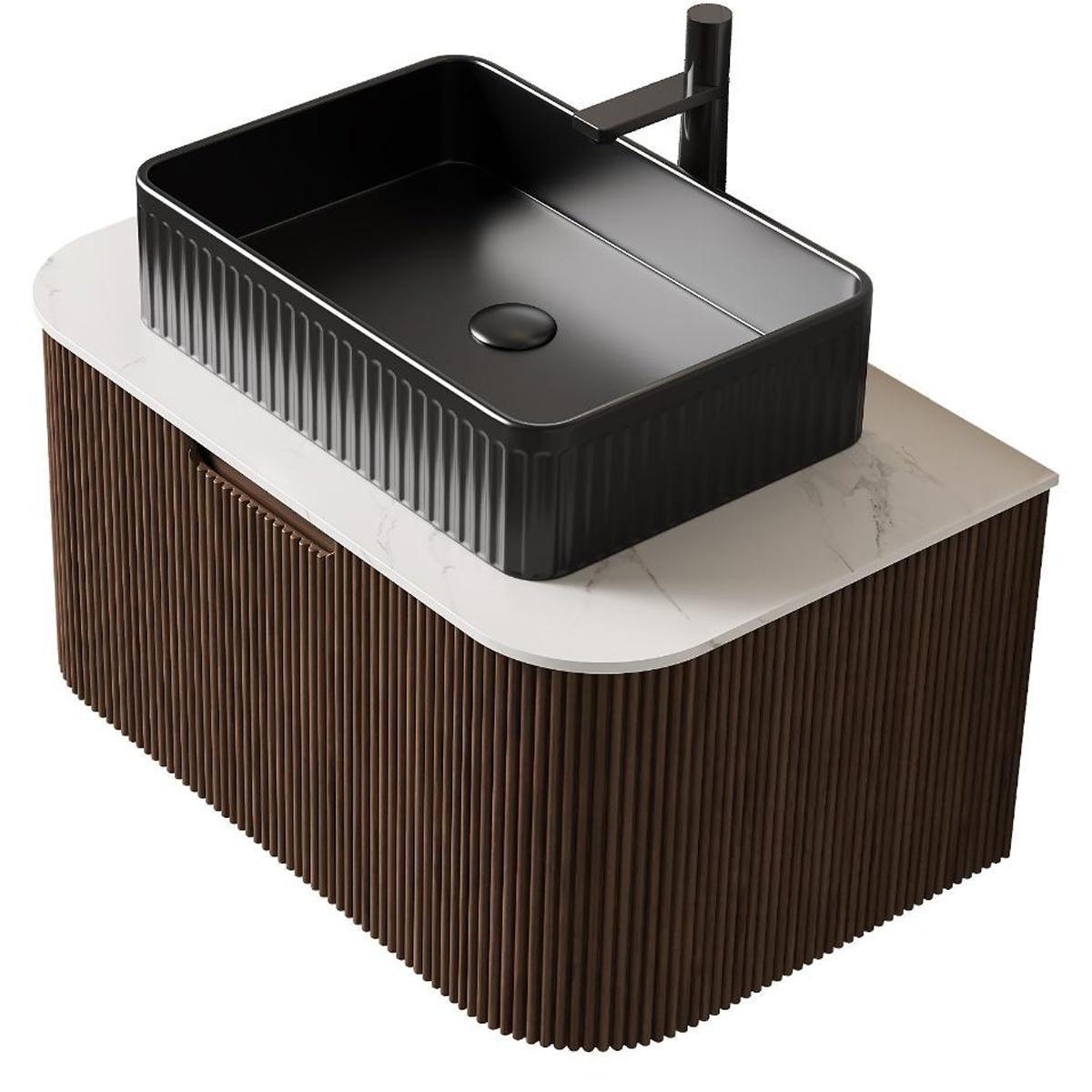 30" Brown Wood Floating Bathroom Vanity With Black Sink
