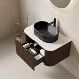 30" Brown Wood Floating Bathroom Vanity With Black Sink