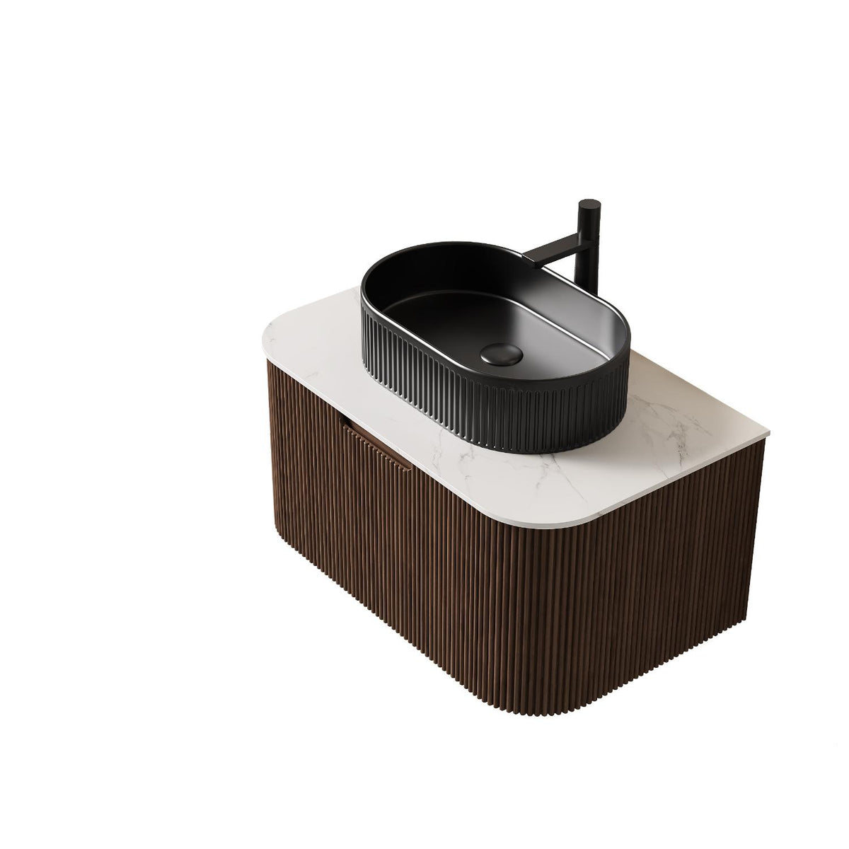 30" Brown Wood Floating Bathroom Vanity With Black Sink