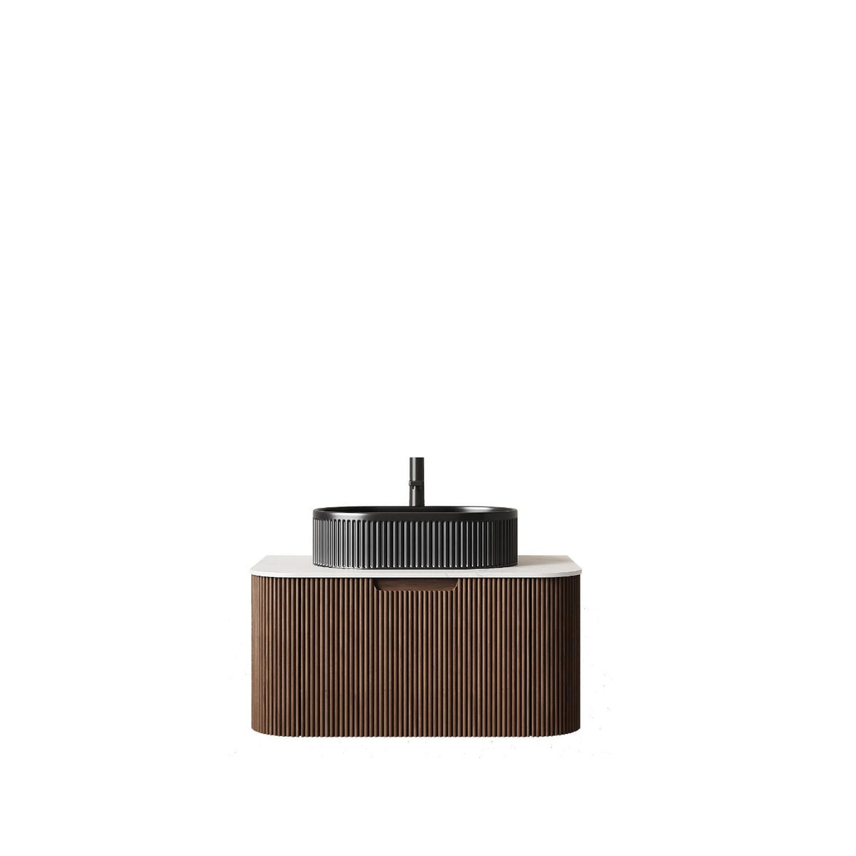 30" Brown Wood Floating Bathroom Vanity With Black Sink