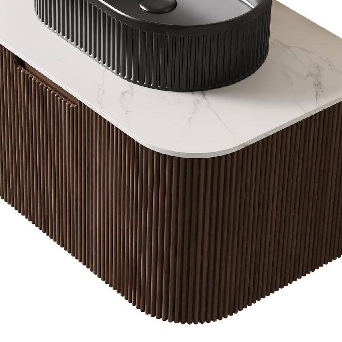 30" Brown Wood Floating Bathroom Vanity With Black Sink