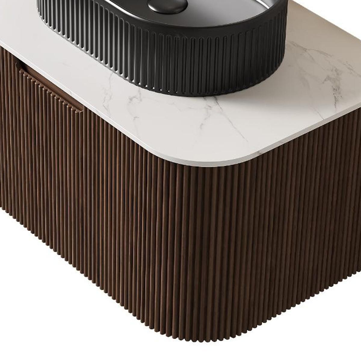 30" Brown Wood Floating Bathroom Vanity With Black Sink