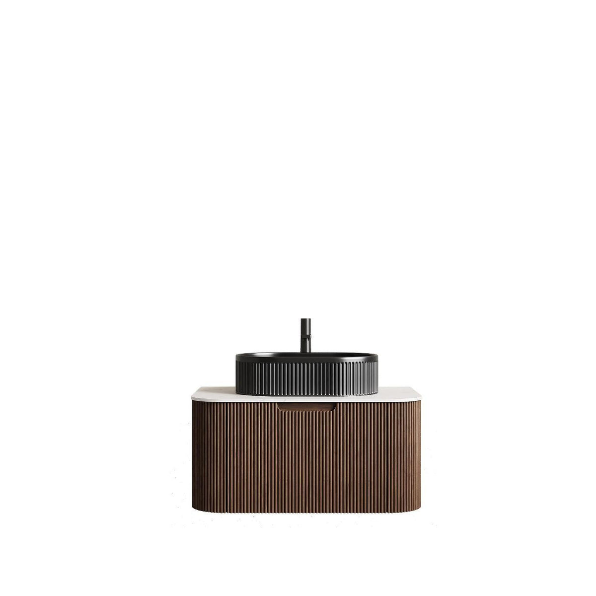 30" Brown Wood Floating Bathroom Vanity With Black Sink