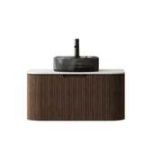 30" Brown Wood Floating Bathroom Vanity With Black Sink