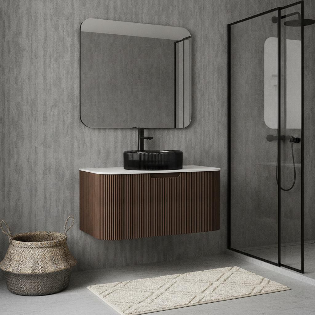 30" Brown Wood Floating Bathroom Vanity With Black Sink