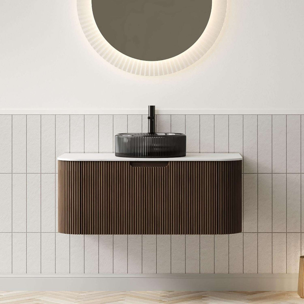36" Brown Wood Floating Bathroom Vanity With Black Sink - HomeRoots - Flyclothing LLC