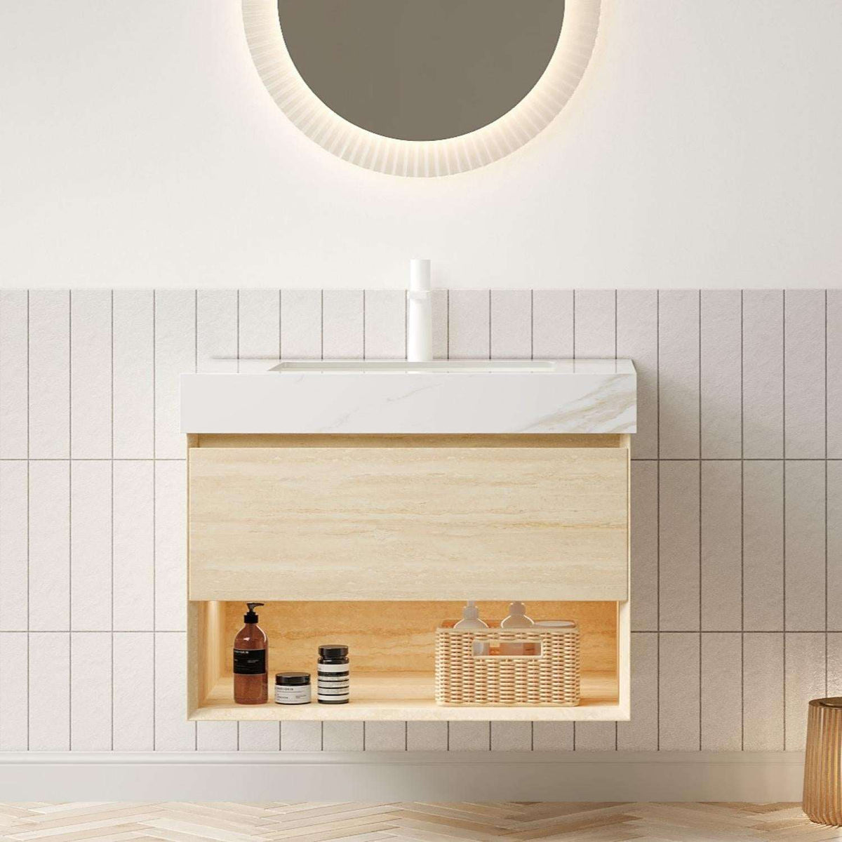 30" Brown Wood Floating Bathroom Vanity With White Sink - HomeRoots - Flyclothing LLC