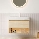 30" Brown Wood Floating Bathroom Vanity With White Sink - HomeRoots - Flyclothing LLC