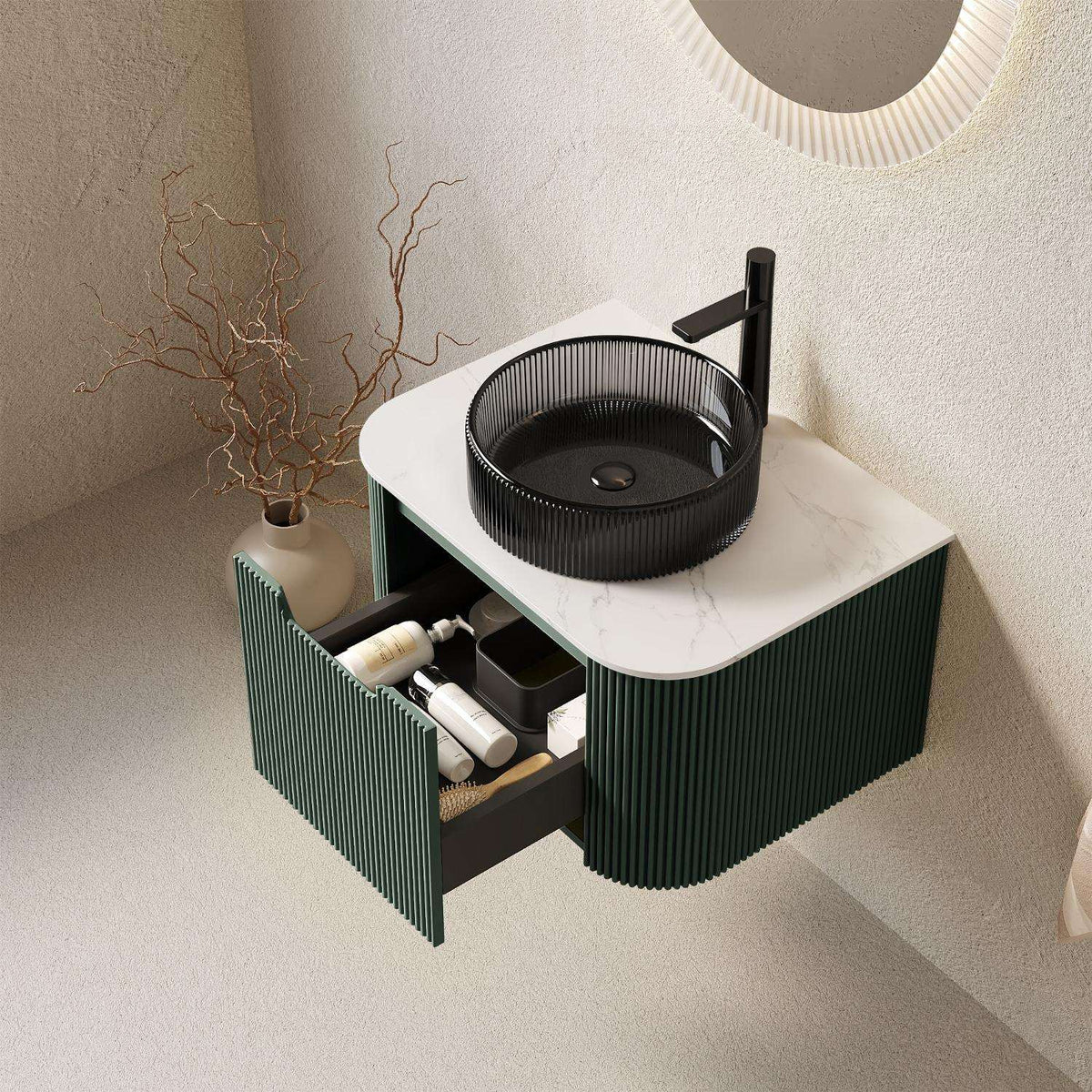 24" Green Wood Floating Bathroom Vanity With Black Sink - HomeRoots - Flyclothing LLC