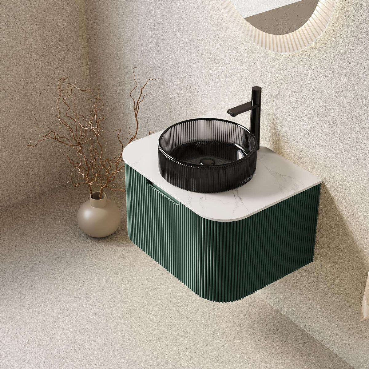 24" Green Wood Floating Bathroom Vanity With Black Sink - HomeRoots - Flyclothing LLC