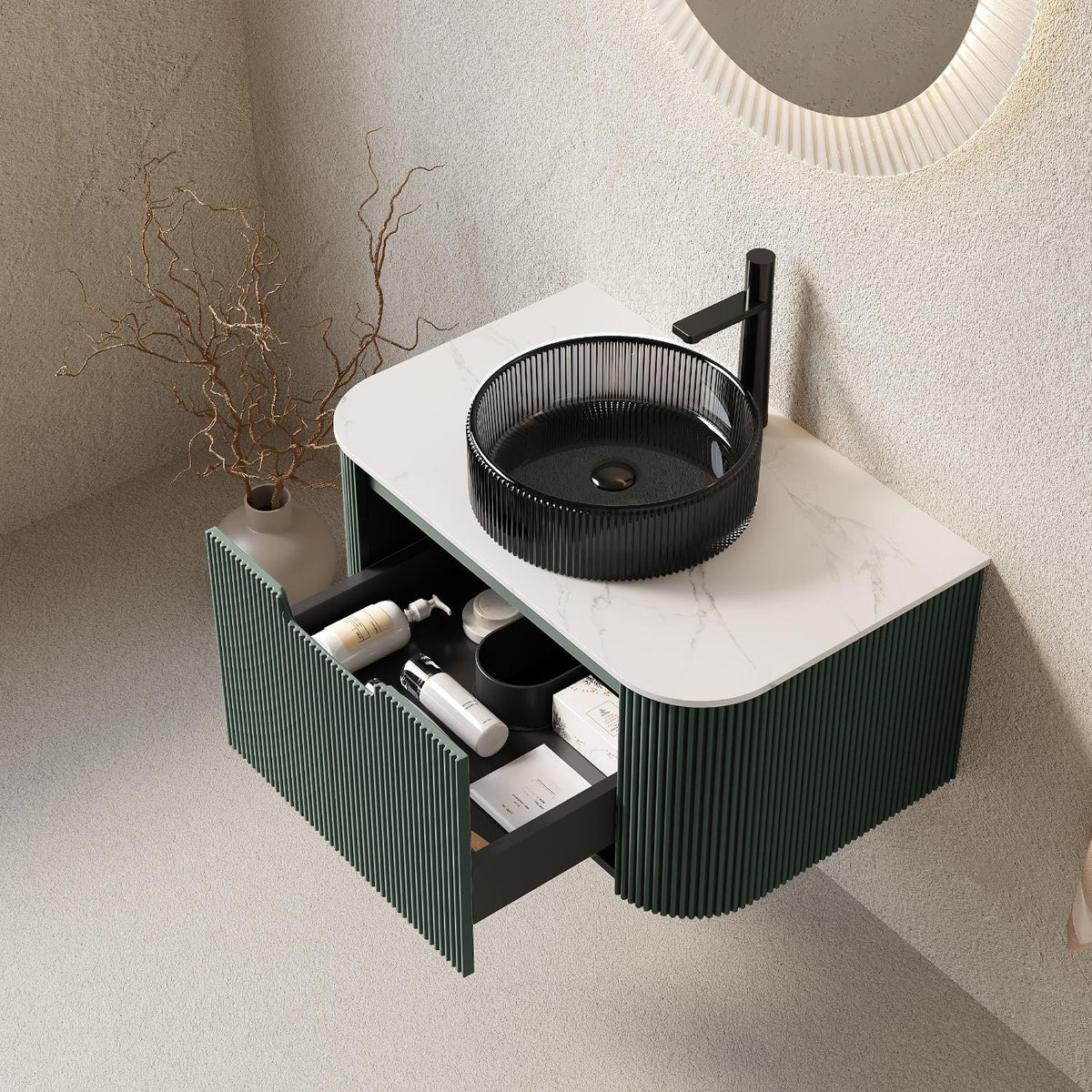 30" Green Wood Floating Bathroom Vanity With Black Sink