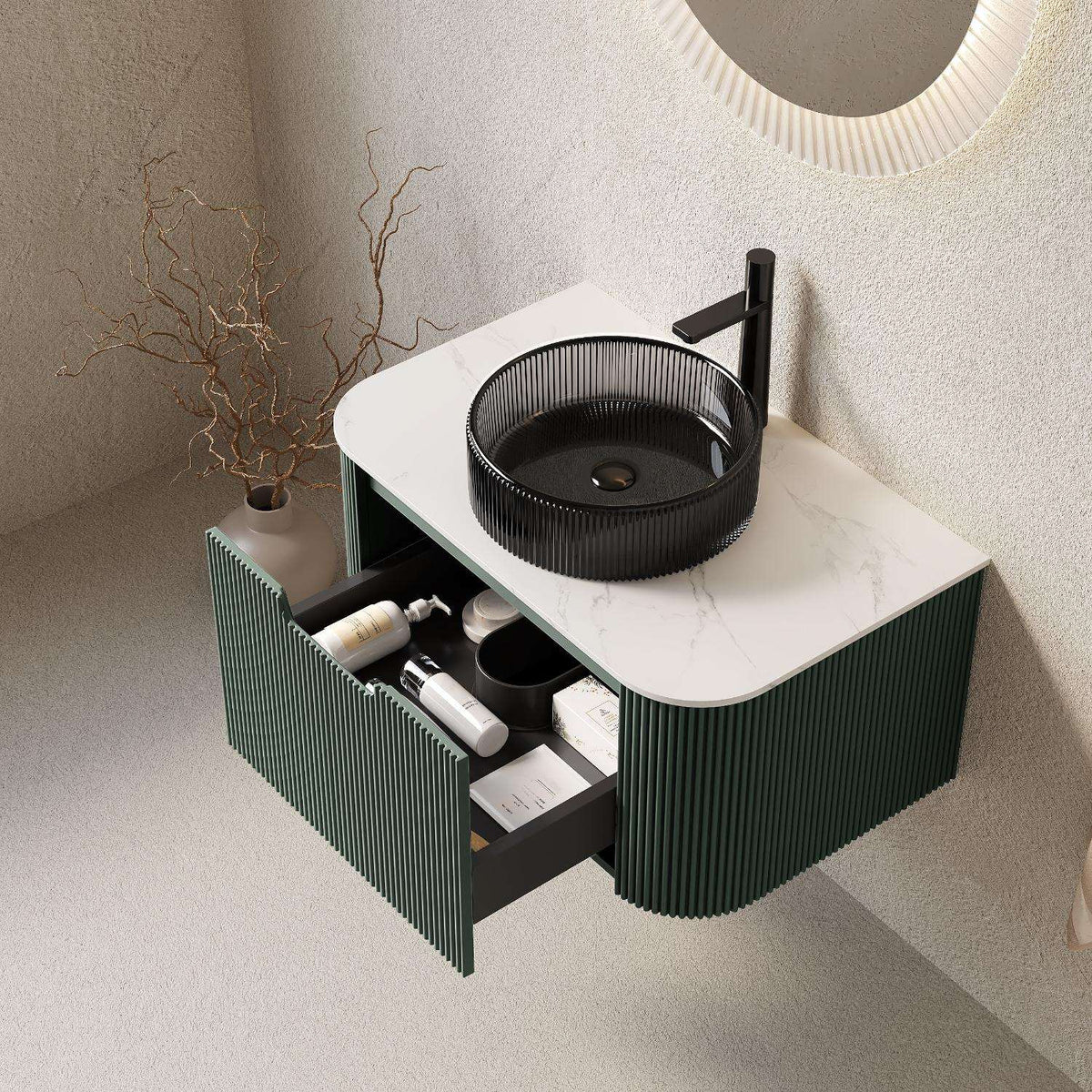 30" Green Wood Floating Bathroom Vanity With Black Sink - HomeRoots - Flyclothing LLC