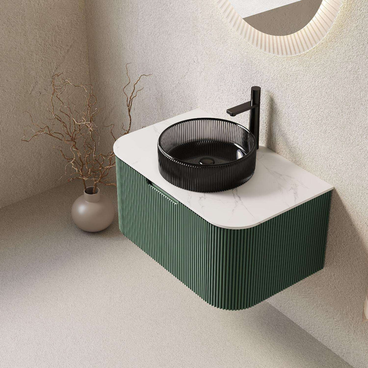 30" Green Wood Floating Bathroom Vanity With Black Sink - HomeRoots - Flyclothing LLC