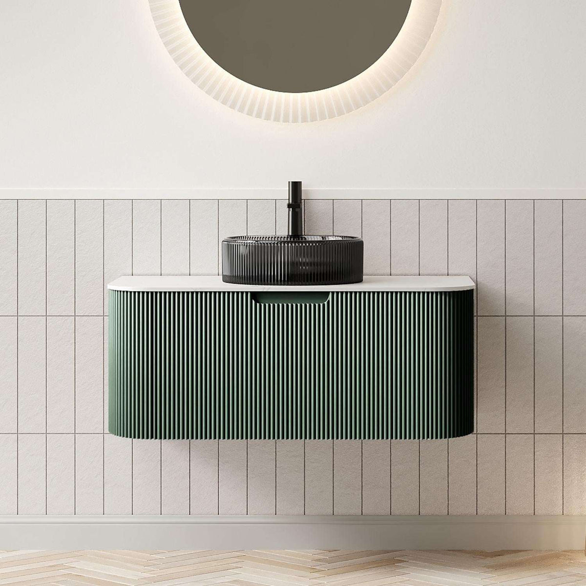 36" Green Wood Floating Bathroom Vanity With Black Sink - HomeRoots - Flyclothing LLC