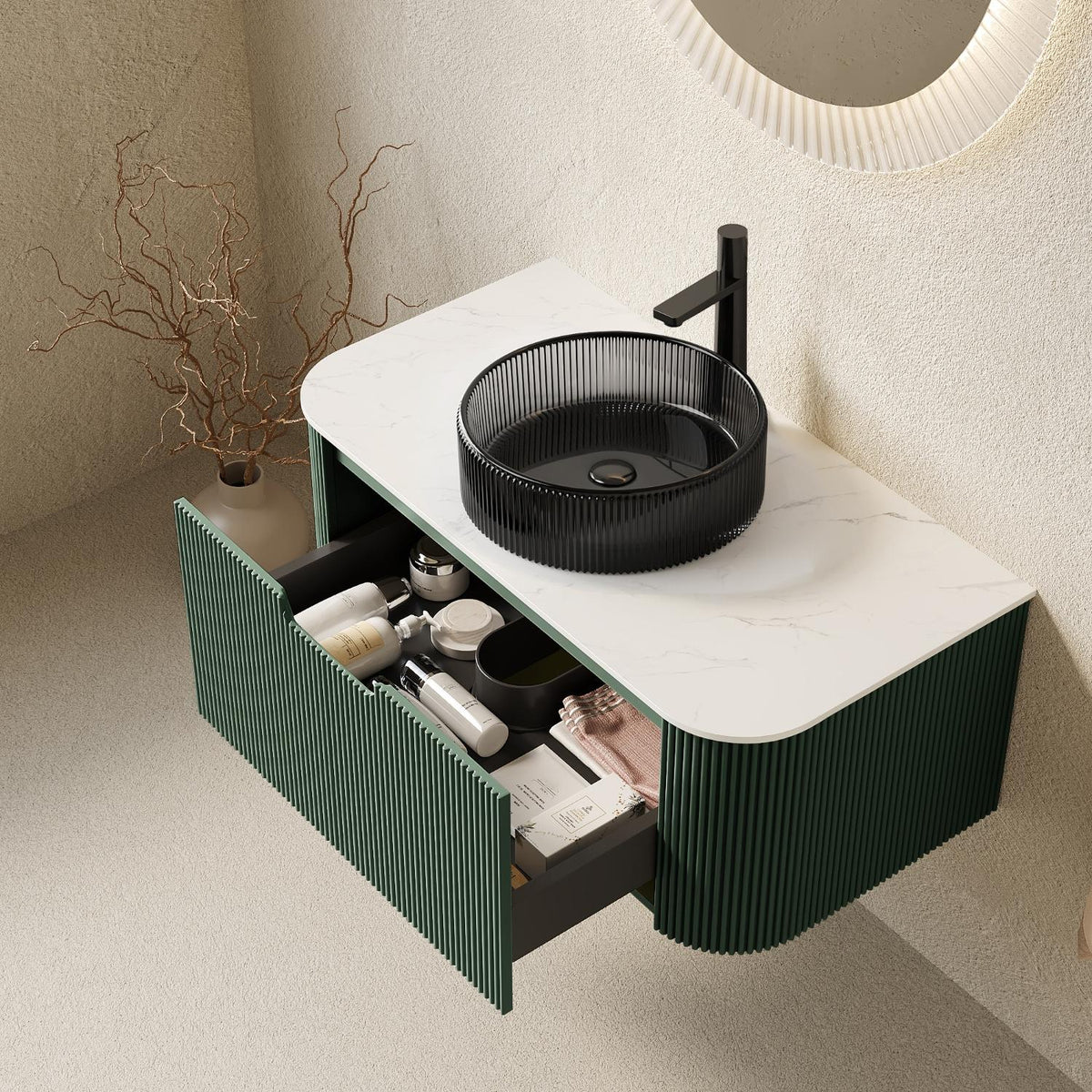 36" Green Wood Floating Bathroom Vanity With Black Sink