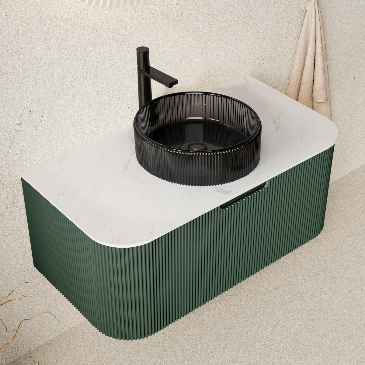 36" Green Wood Floating Bathroom Vanity With Black Sink