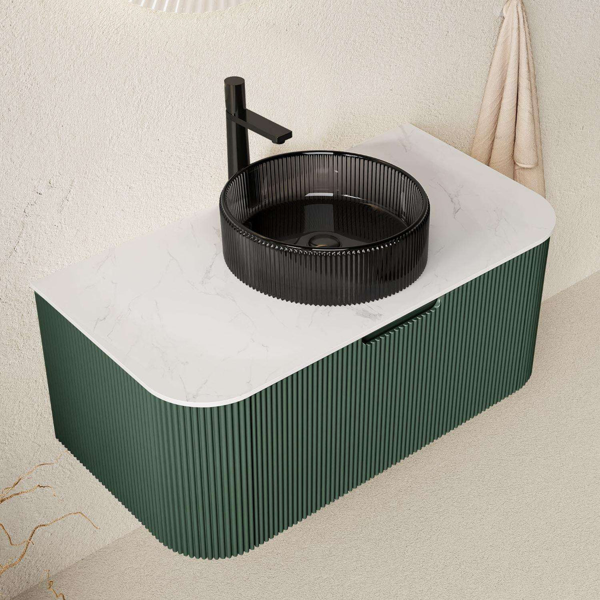 36" Green Wood Floating Bathroom Vanity With Black Sink - HomeRoots - Flyclothing LLC