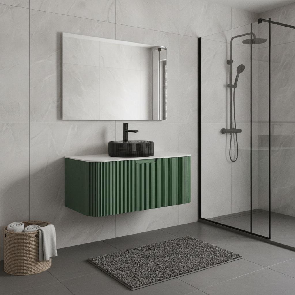 36" Green Wood Floating Bathroom Vanity With Black Sink