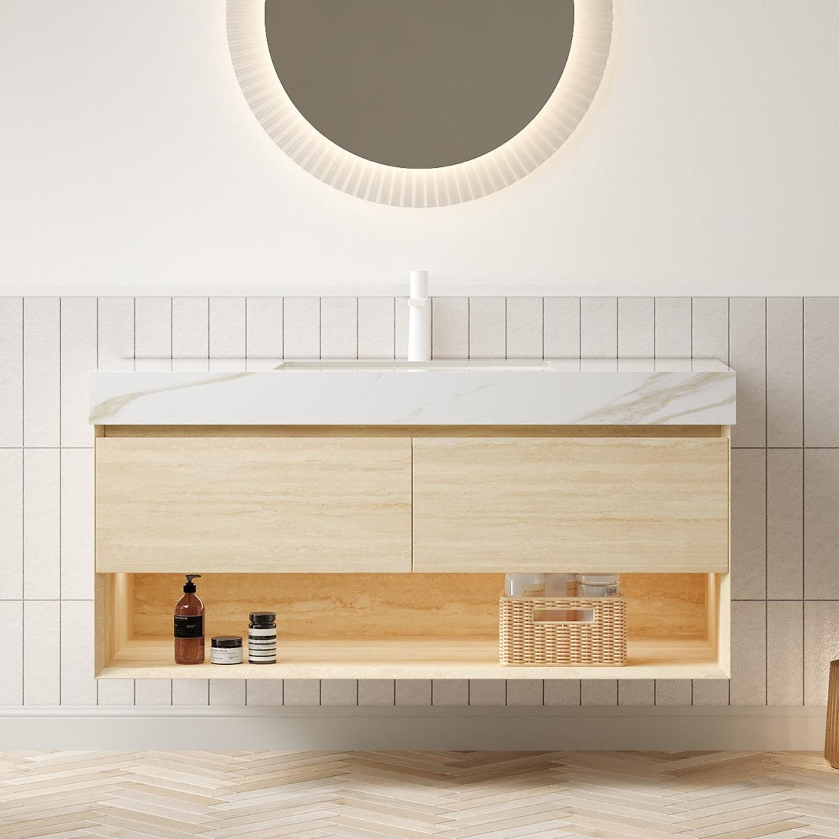48" Brown Wood Floating Bathroom Vanity With White Sink And Two Drawers - HomeRoots - Flyclothing LLC