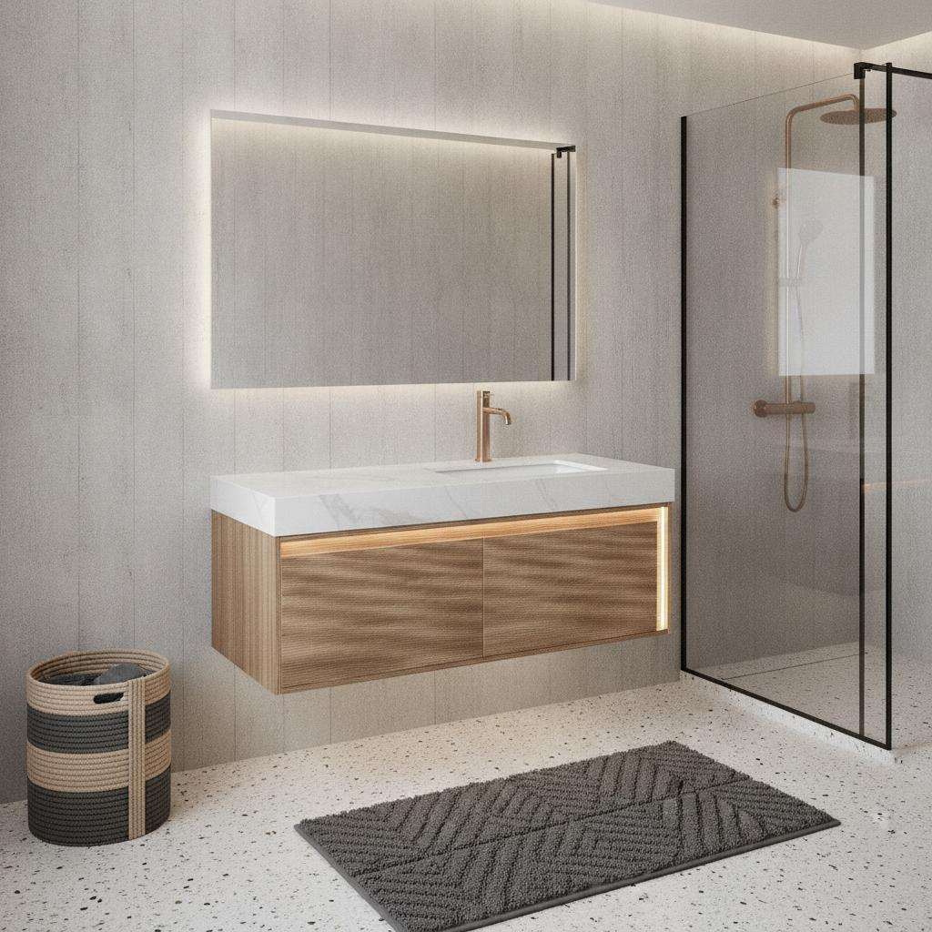 48" Brown Wood Floating Bathroom Vanity With White Sink And Two Drawers - HomeRoots - Flyclothing LLC
