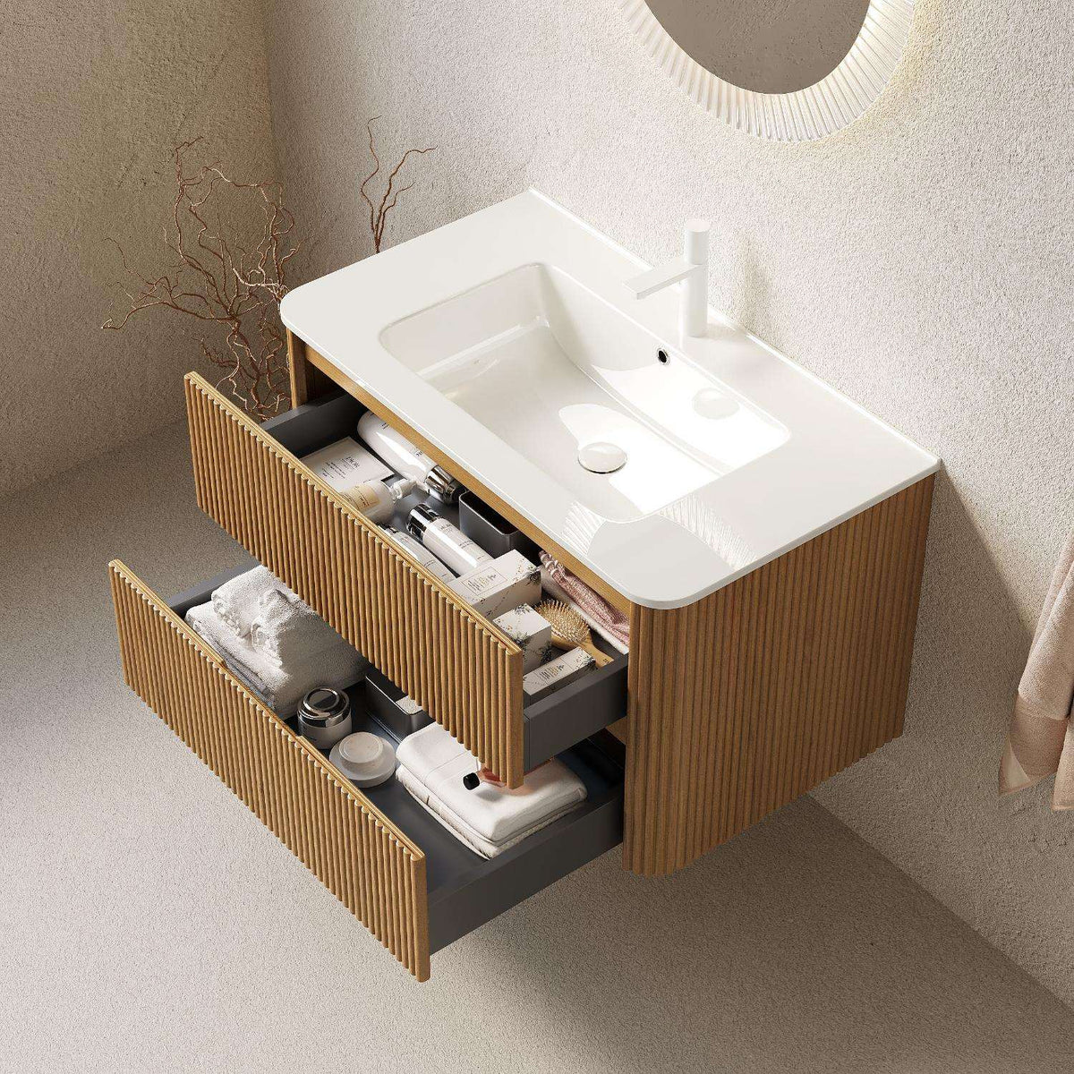 36" Brown Wood Floating Bathroom Vanity With White Sink And Two Drawers - HomeRoots - Flyclothing LLC